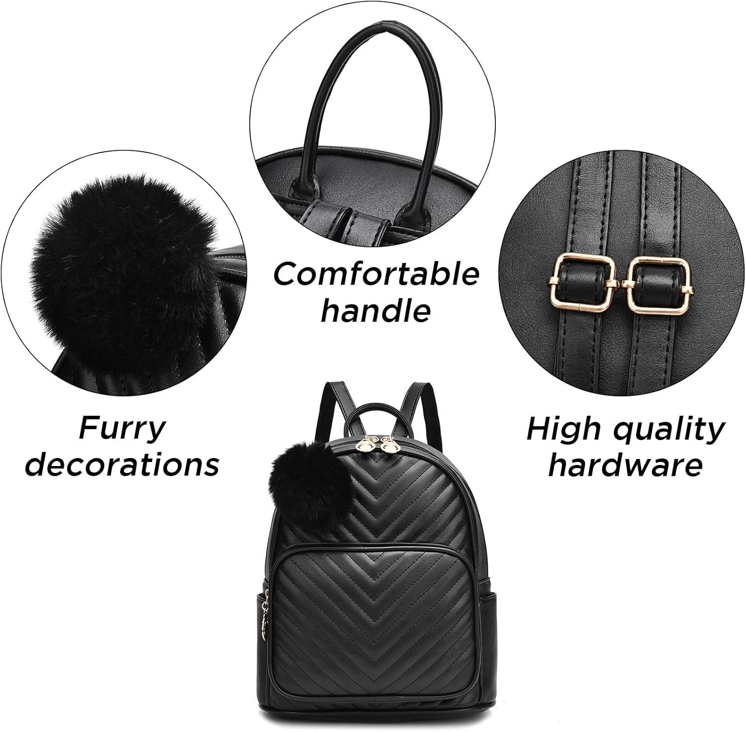imageI IHAYNER Mini Backpack for Women 3PCS Leather Backpack Purse Small Backpacks for Women Ladies Pompom Backpack Shoulder Bag PinkPink