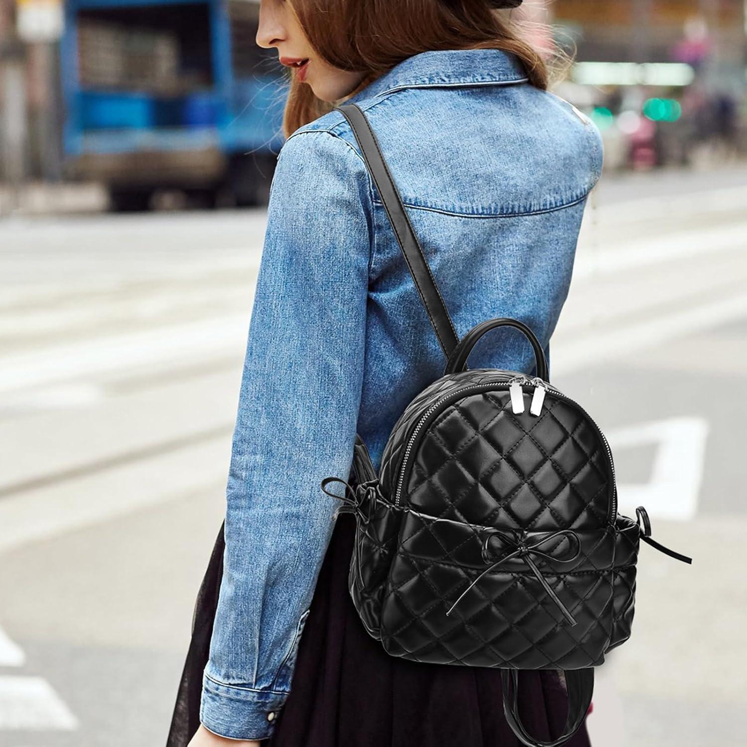 imageI IHAYNER Mini Backpack for Women Quilted Leather Backpack Bowknot Small Bag for Ladies Travel Purse and Shoulder Bag Beige