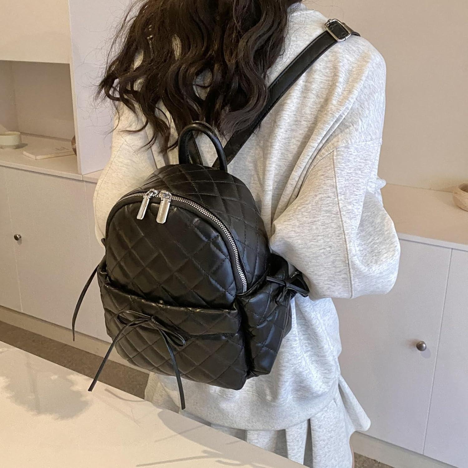 imageI IHAYNER Mini Backpack for Women Quilted Leather Backpack Bowknot Small Bag for Ladies Travel Purse and Shoulder Bag Beige