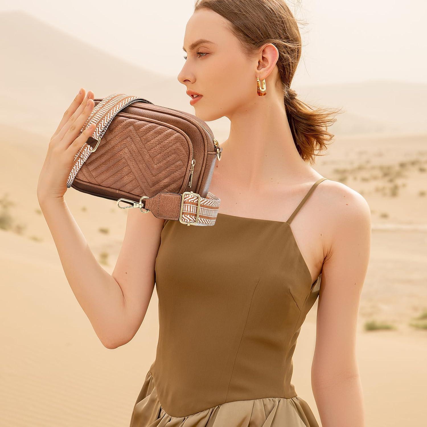 imageI IHAYNER Small Quilted Crossbody Bags for Women Vegan Leather Purses Designer Shoulder Handbags with Colored Shoulder StrapBrown