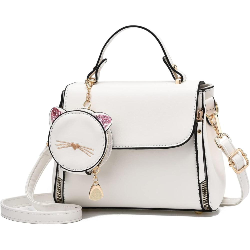 imageI IHAYNER Fashion Purses and Handbags for Women Top Handle Bag Girls Small Crossbody Shoulder Bag for Ladies with Kitty PurseWhite