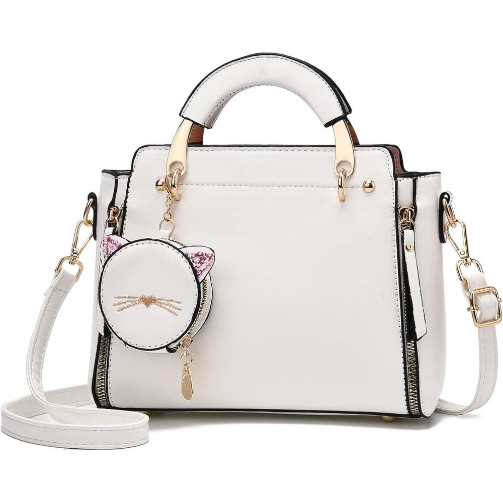 imageI IHAYNER Fashion Purses and Handbags for Women Top Handle Bag Girls Small Crossbody Shoulder Bag for Ladies with Kitty PurseWhite1
