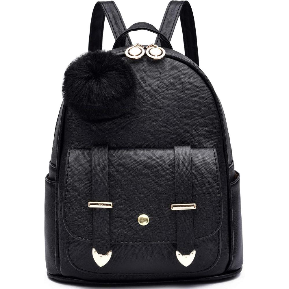 imageI IHAYNER Girls Fashion Backpack Mini Backpack Purse for Women Teenage Girls Purses PU Leather Pompom Backpack Shoulder BagBlack