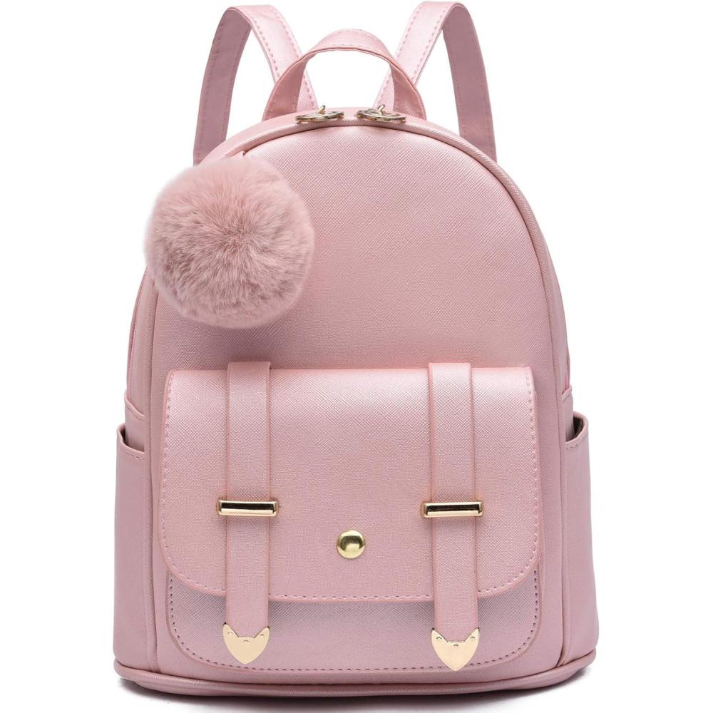 imageI IHAYNER Girls Fashion Backpack Mini Backpack Purse for Women Teenage Girls Purses PU Leather Pompom Backpack Shoulder BagGold Pink