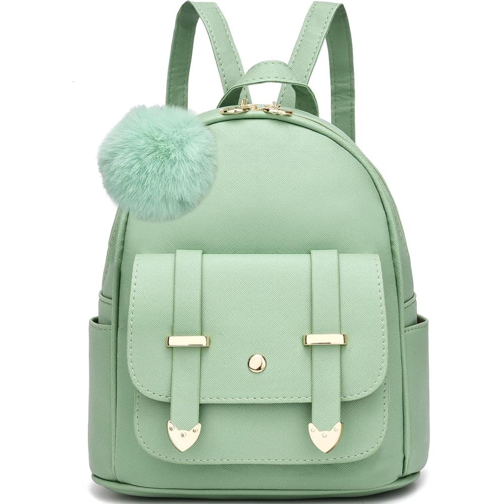 imageI IHAYNER Girls Fashion Backpack Mini Backpack Purse for Women Teenage Girls Purses PU Leather Pompom Backpack Shoulder BagGreen