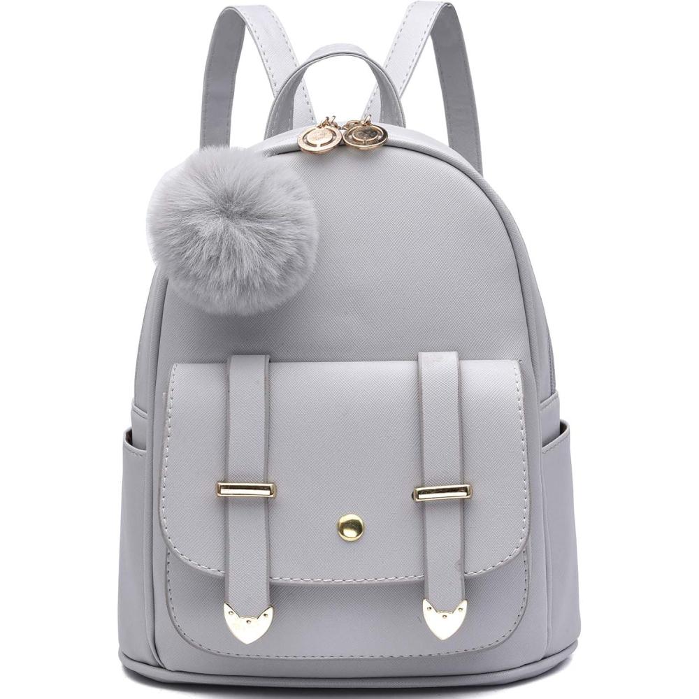 imageI IHAYNER Girls Fashion Backpack Mini Backpack Purse for Women Teenage Girls Purses PU Leather Pompom Backpack Shoulder BagGrey