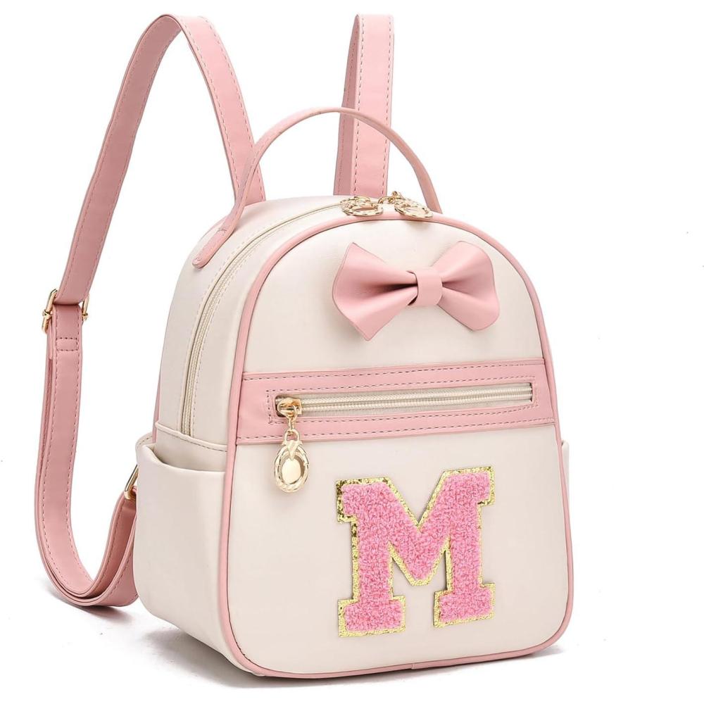 imageI IHAYNER Girls Initial Bowknot Small Leather Backpack Cute Mini Backpack Personalized Trendy Stuff Gifts for Women PinkAPinkm