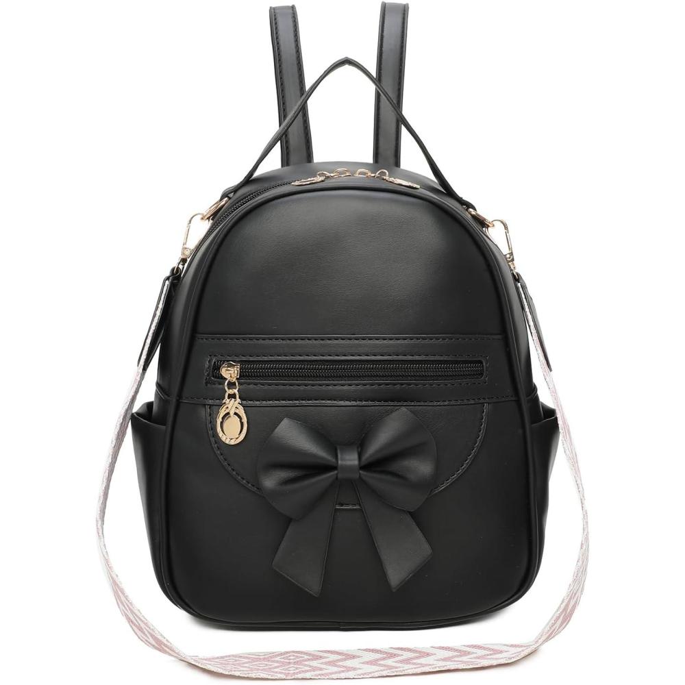 imageI IHAYNER Girls Mini Backpack Cute Bowknot Leather Backpack for Girls Designer Small Shoulder Bag Fashion Handbag for Women BrownPure Black