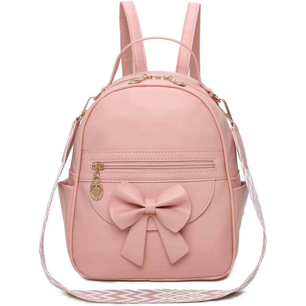 imageI IHAYNER Girls Mini Backpack Cute Bowknot Leather Backpack for Girls Designer Small Shoulder Bag Fashion Handbag for Women BrownPure Pink