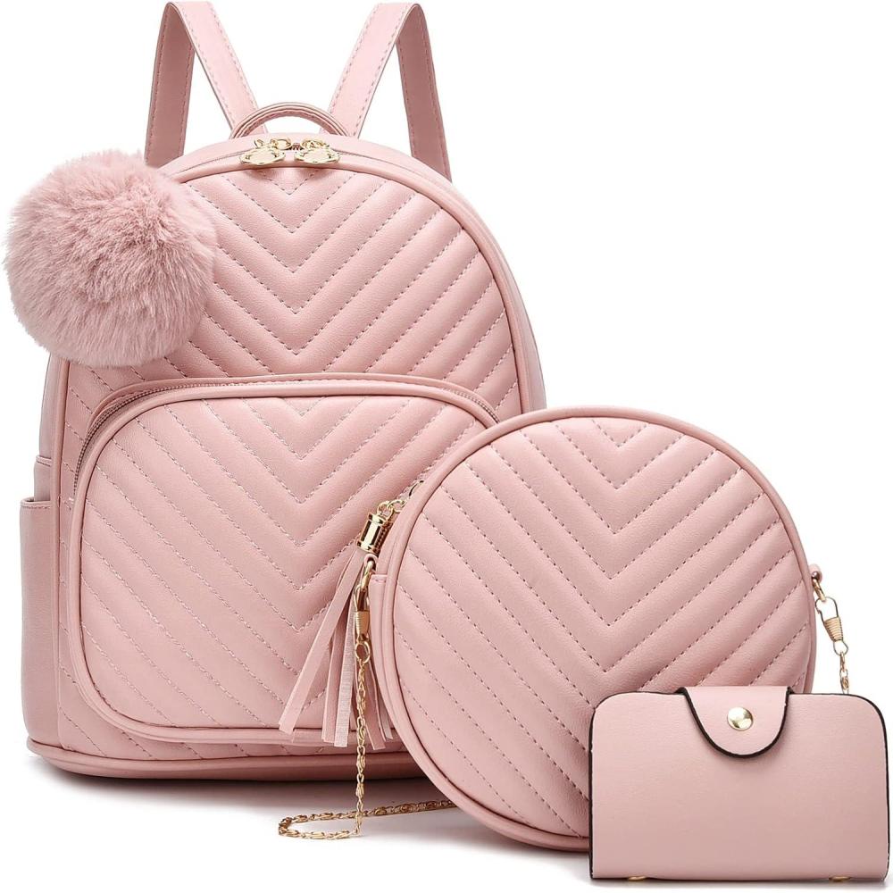 imageI IHAYNER Mini Backpack for Women 3PCS Leather Backpack Purse Small Backpacks for Women Ladies Pompom Backpack Shoulder Bag PinkPink