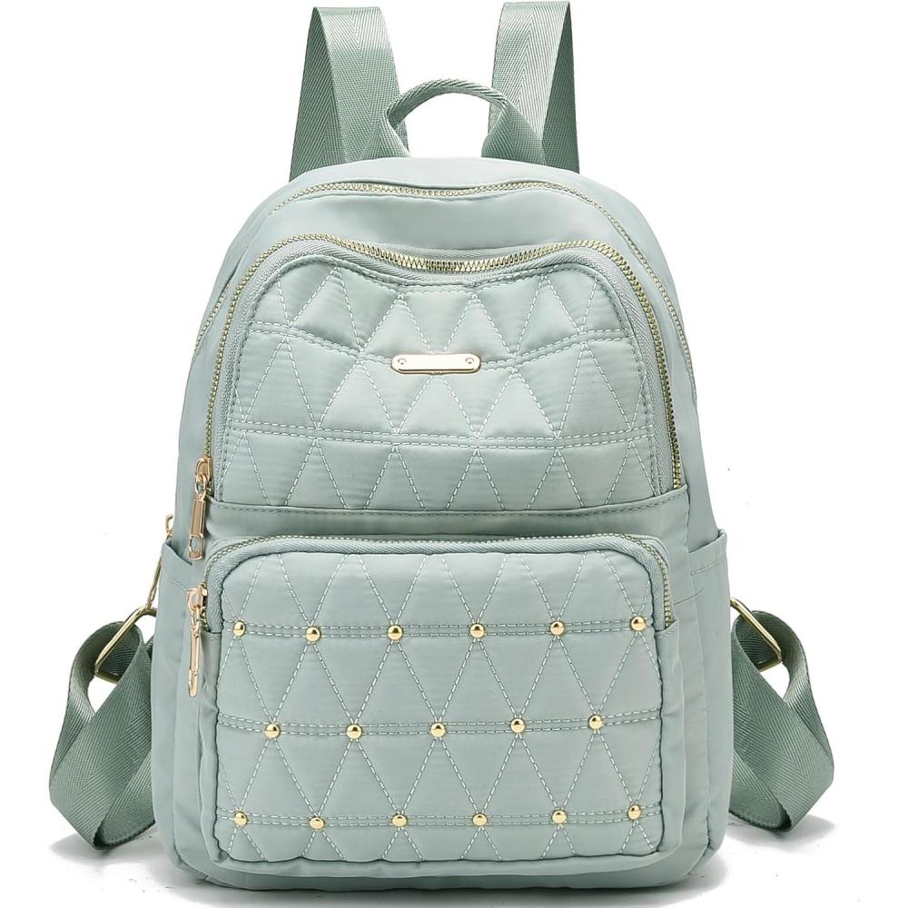imageI IHAYNER Mini Backpack for Women Nylon Travel Purse Small Anti Theft Shoulder Bag Casual Lightweight Daypack With Rivets for Ladies BlackGreen