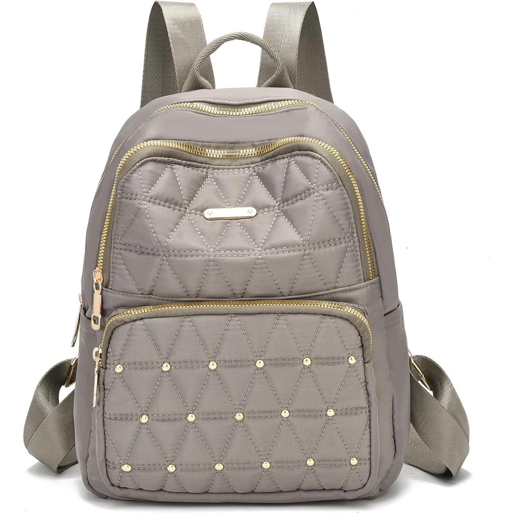 imageI IHAYNER Mini Backpack for Women Nylon Travel Purse Small Anti Theft Shoulder Bag Casual Lightweight Daypack With Rivets for Ladies BlackKhaki