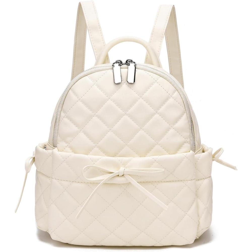 imageI IHAYNER Mini Backpack for Women Quilted Leather Backpack Bowknot Small Bag for Ladies Travel Purse and Shoulder Bag Beige