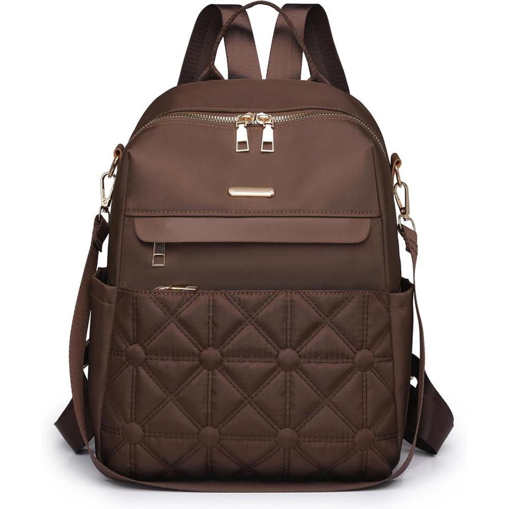imageI IHAYNER Nylon Backpack Purse for Women Fashion Multipurpose Handbag Ladies Shoulder Bags Quilted Casual Travel Backpack BrownBrown