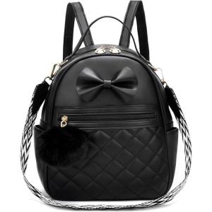I IHAYNER Cute Little Backpack Purse with Bow Mini Backpack for Girls Teen Vegan Leather Pom Backpack Shoulder Bag for Women Black(Pure Black)