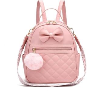 I IHAYNER Cute Little Backpack Purse with Bow Mini Backpack for Girls Teen Vegan Leather Pom Backpack Shoulder Bag for Women Black(Pure Pink)