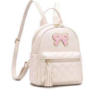 I IHAYNER Girls Bowknot Cute Leather Backpack Mini Backpack Purse for Women Small Bookbag Travel Daypacks with Charm Tassel Purple(Beige)