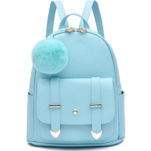 I IHAYNER Girls Fashion Backpack Mini Backpack Purse for Women Teenage Girls Purses PU Leather Pompom Backpack Shoulder Bag(Light Blue)