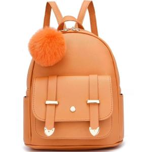 I IHAYNER Girls Fashion Backpack Mini Backpack Purse for Women Teenage Girls Purses PU Leather Pompom Backpack Shoulder Bag(Orange)