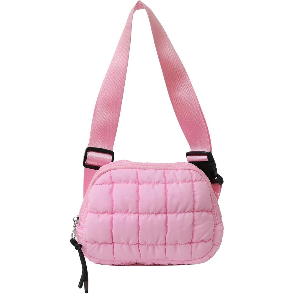 imageI IHAYNER Quilted Puffer Belt Bag Fanny Waist Packs Small Crossbody Bag with Adjustable Strap for Traveling Hiking WhitePink