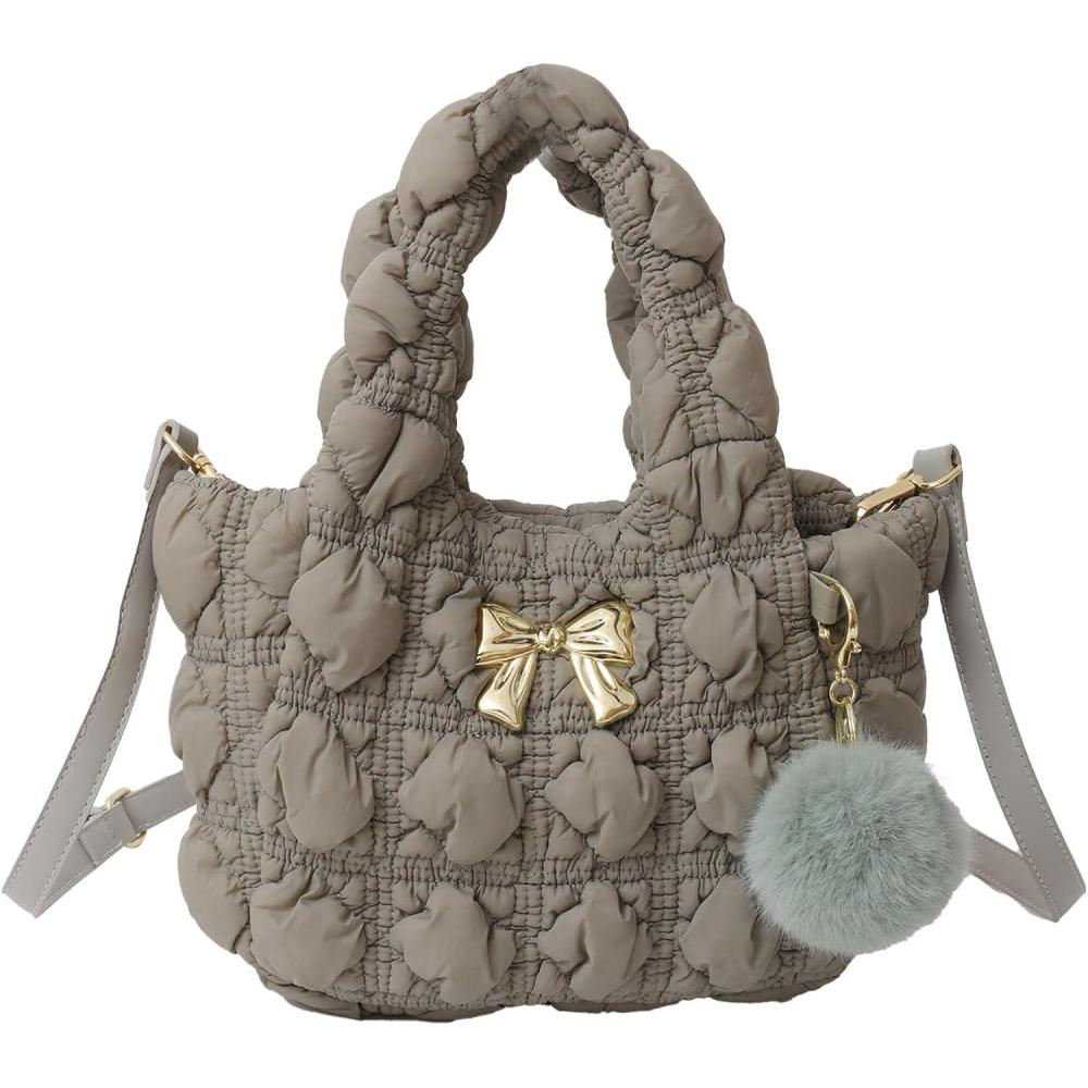 imageI IHAYNER Quilted Puffer Tote Bag Small Crossbody Shoulder Bag with Zipper Bubble Hobo Handbag Carryall Bag for WomenBrown
