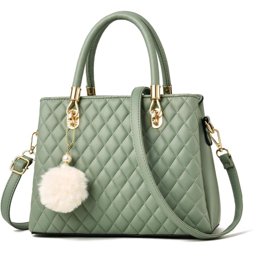 imageI IHAYNER Womens Leather Handbags Purses Tophandle Totes Satchel Shoulder Bag for Ladies with PomponGreen