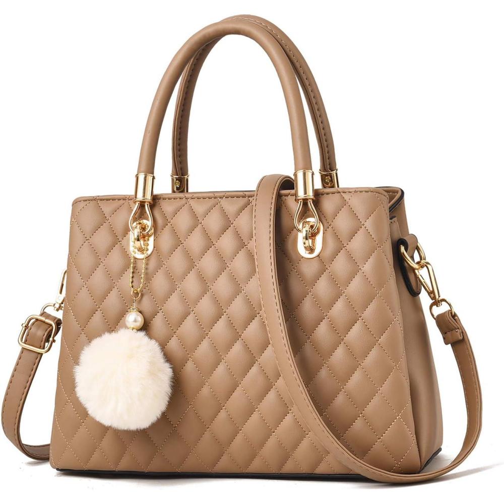 imageI IHAYNER Womens Leather Handbags Purses Tophandle Totes Satchel Shoulder Bag for Ladies with PomponKhaki