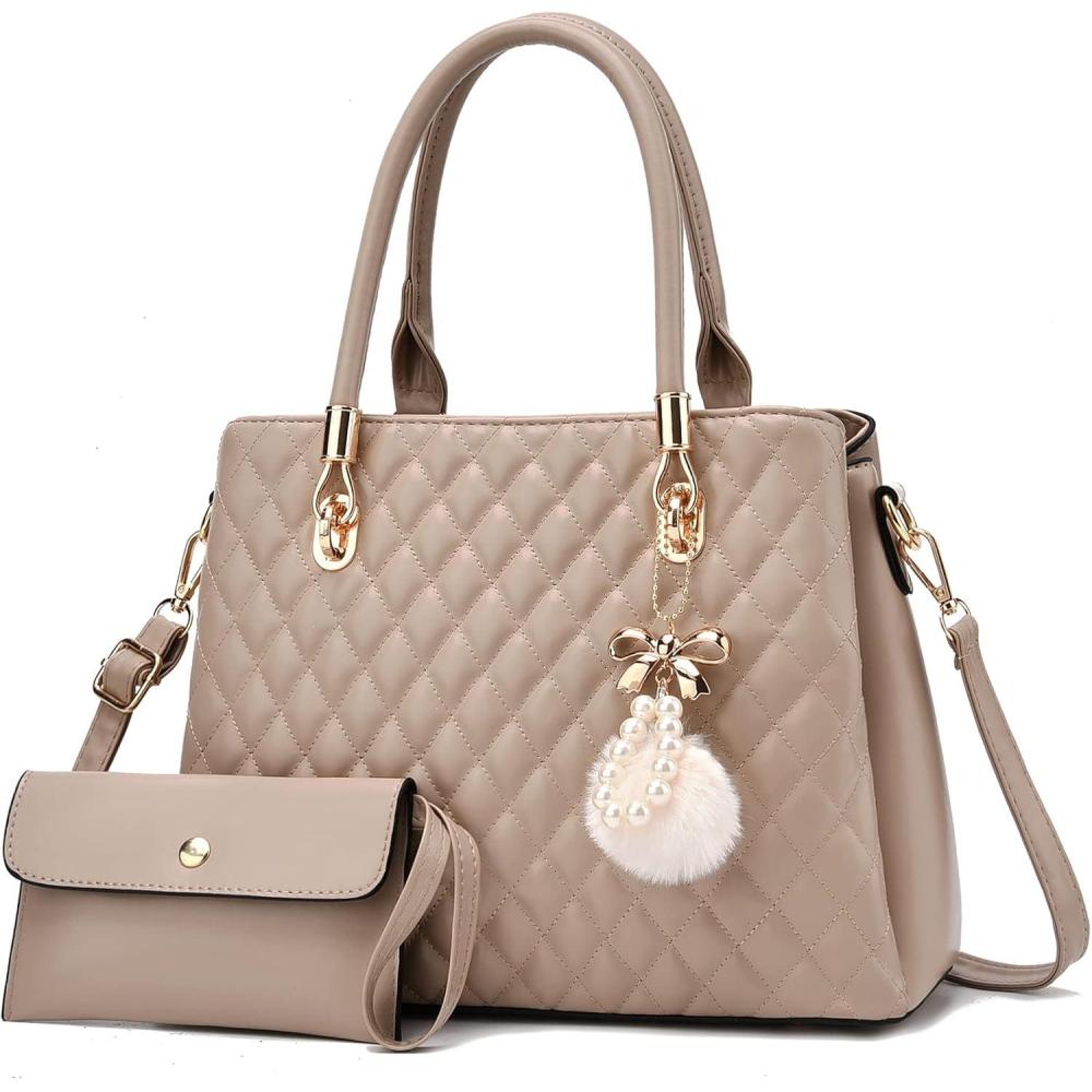 imageI IHAYNER Womens Leather Handbags Purses Tophandle Totes Satchel Shoulder Bag for Ladies with PomponLarge Khaki
