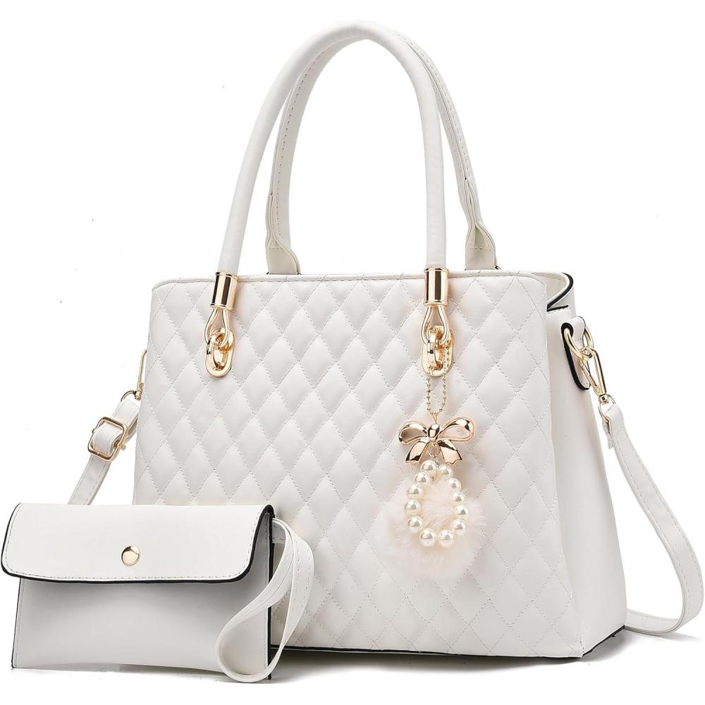 imageI IHAYNER Womens Leather Handbags Purses Tophandle Totes Satchel Shoulder Bag for Ladies with PomponLarge White