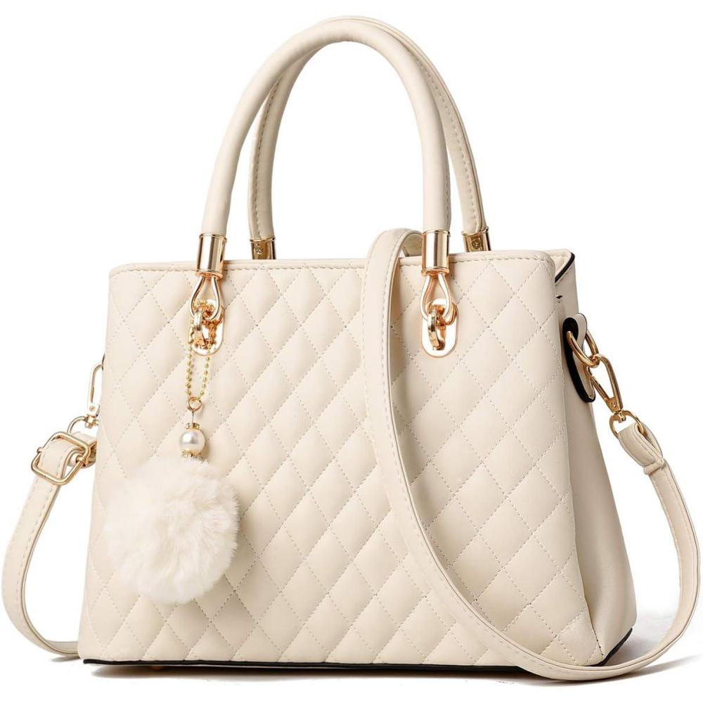 imageI IHAYNER Womens Leather Handbags Purses Tophandle Totes Satchel Shoulder Bag for Ladies with PomponWhite