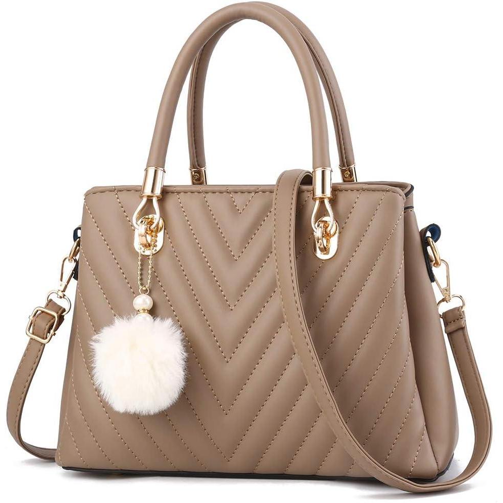 imageWomens Fashion Leather Handbags Quilted Purses Tophandle Totes Satchel Bag for Ladies Shoulder Bag for Women with PompomKhaki