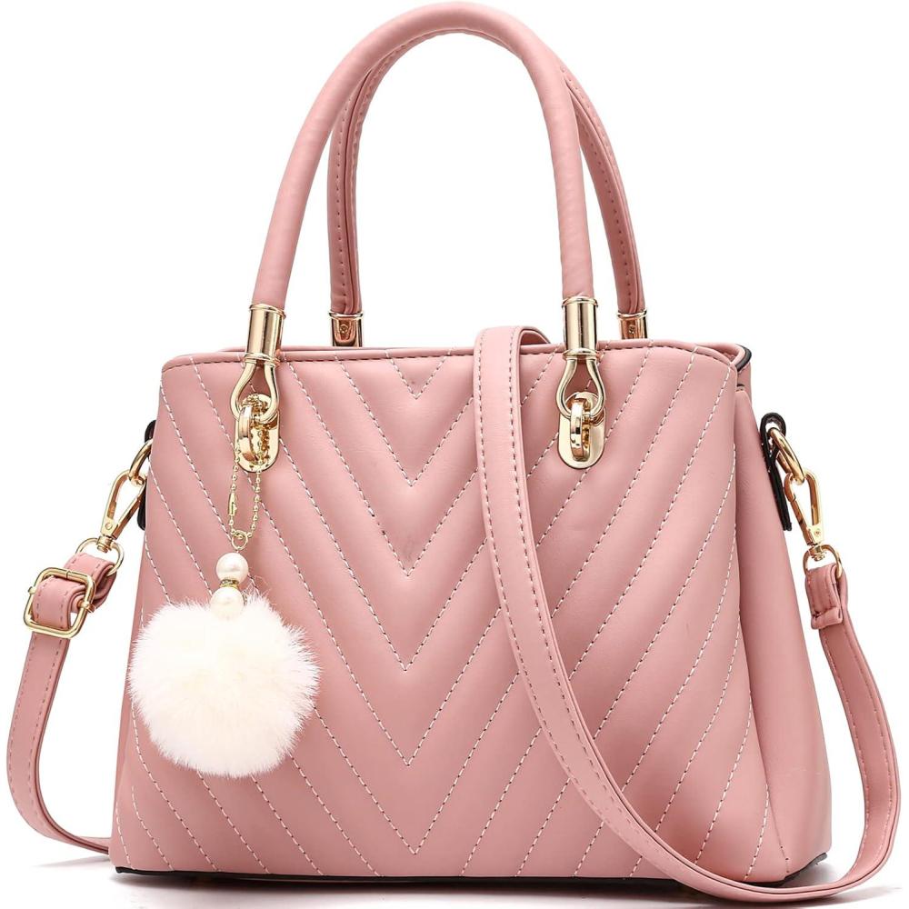 imageWomens Fashion Leather Handbags Quilted Purses Tophandle Totes Satchel Bag for Ladies Shoulder Bag for Women with PompomPink