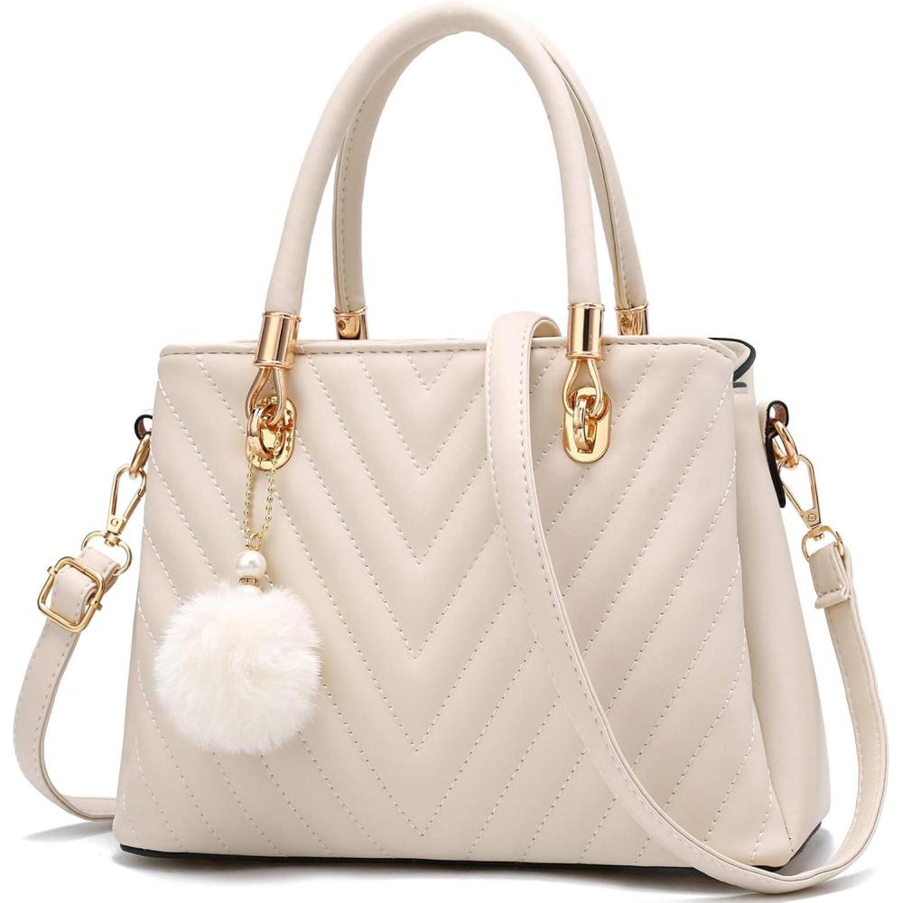 imageWomens Fashion Leather Handbags Quilted Purses Tophandle Totes Satchel Bag for Ladies Shoulder Bag for Women with PompomWhite