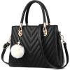 Womens Fashion Leather Handbags Quilted Purses Top-handle Totes Satchel Bag for Ladies Shoulder Bag for Women with Pompom(Black)