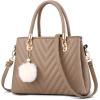 Womens Fashion Leather Handbags Quilted Purses Top-handle Totes Satchel Bag for Ladies Shoulder Bag for Women with Pompom(Khaki)