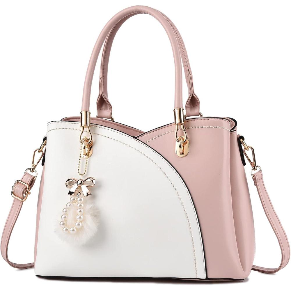 imageI IHAYNER Womens Leather Handbags Purses for Girls Tophandle Large Totes Satchel Shoulder Bag for Ladies with PompomPink