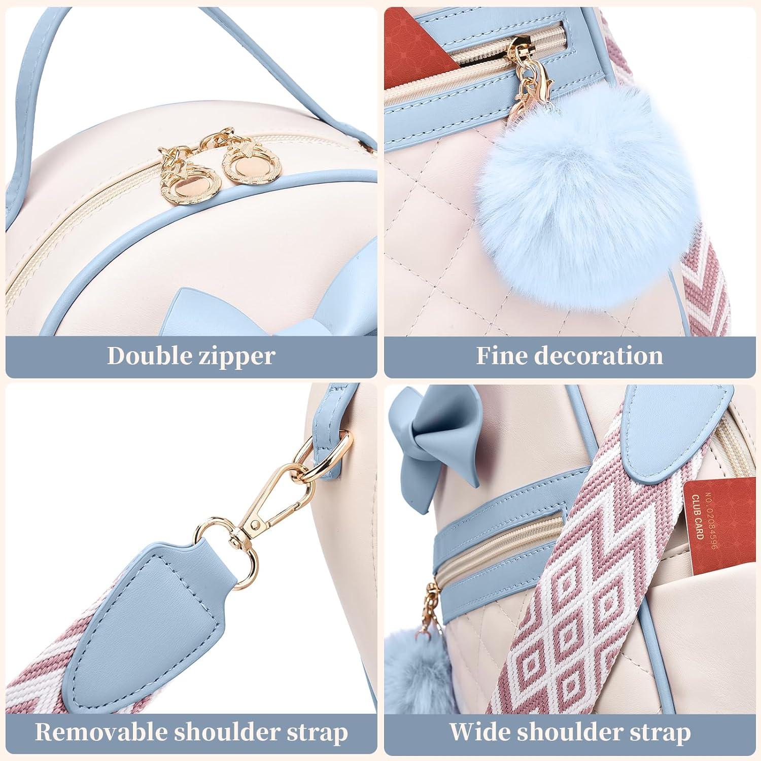 imageI IHAYNER Cute Small Backpack Purse with Bow Mini Backpack Fashion Vegan Leather Pompom Backpack Shoulder Bag for Girs BlueBlue