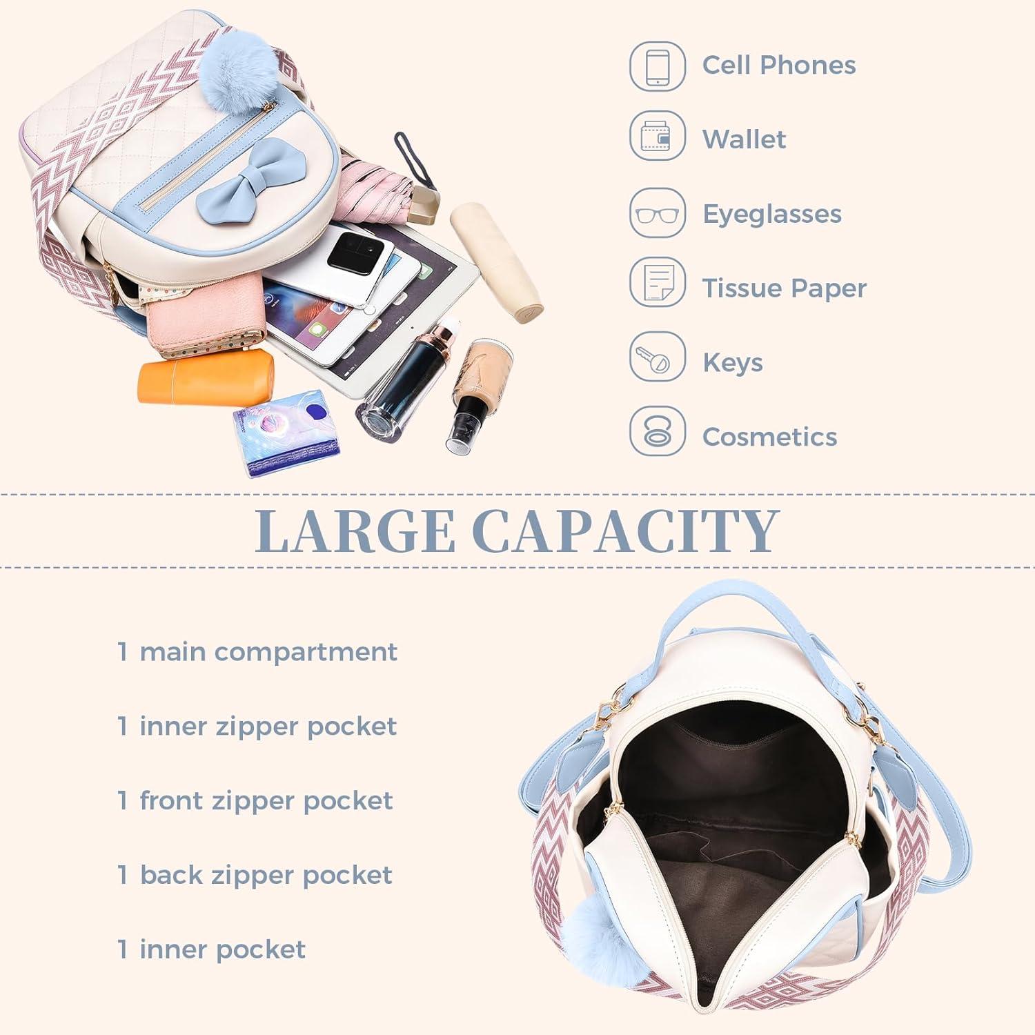 imageI IHAYNER Cute Small Backpack Purse with Bow Mini Backpack Fashion Vegan Leather Pompom Backpack Shoulder Bag for Girs BlueBlue