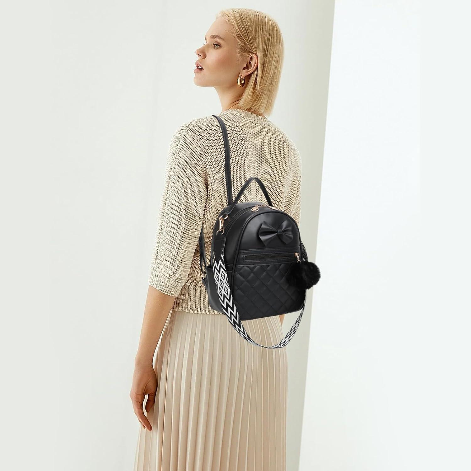 imageI IHAYNER Cute Small Backpack Purse with Bow Mini Backpack Fashion Vegan Leather Pompom Backpack Shoulder Bag for Girs BluePure Beige