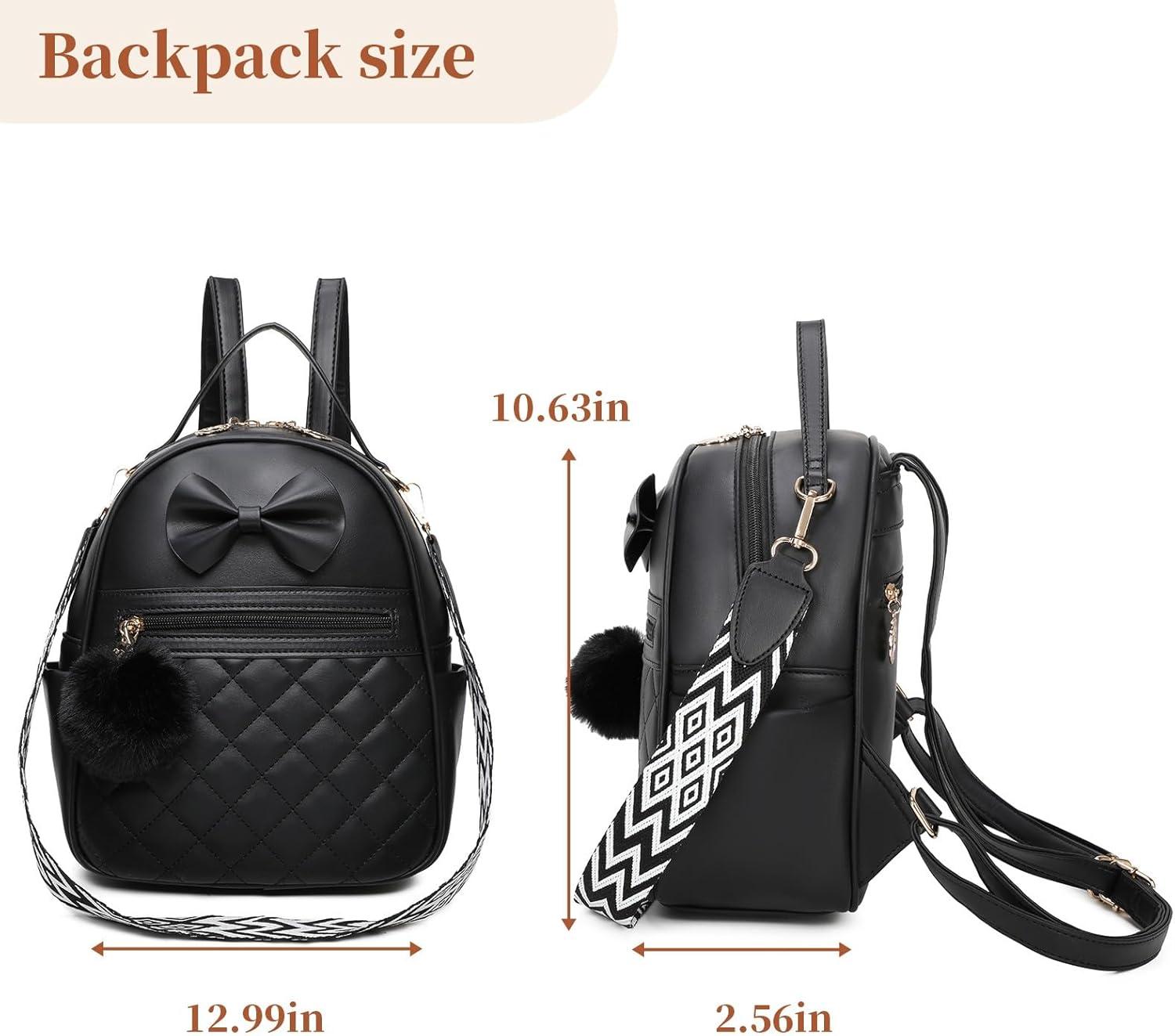 imageI IHAYNER Cute Small Backpack Purse with Bow Mini Backpack Fashion Vegan Leather Pompom Backpack Shoulder Bag for Girs BluePure Beige