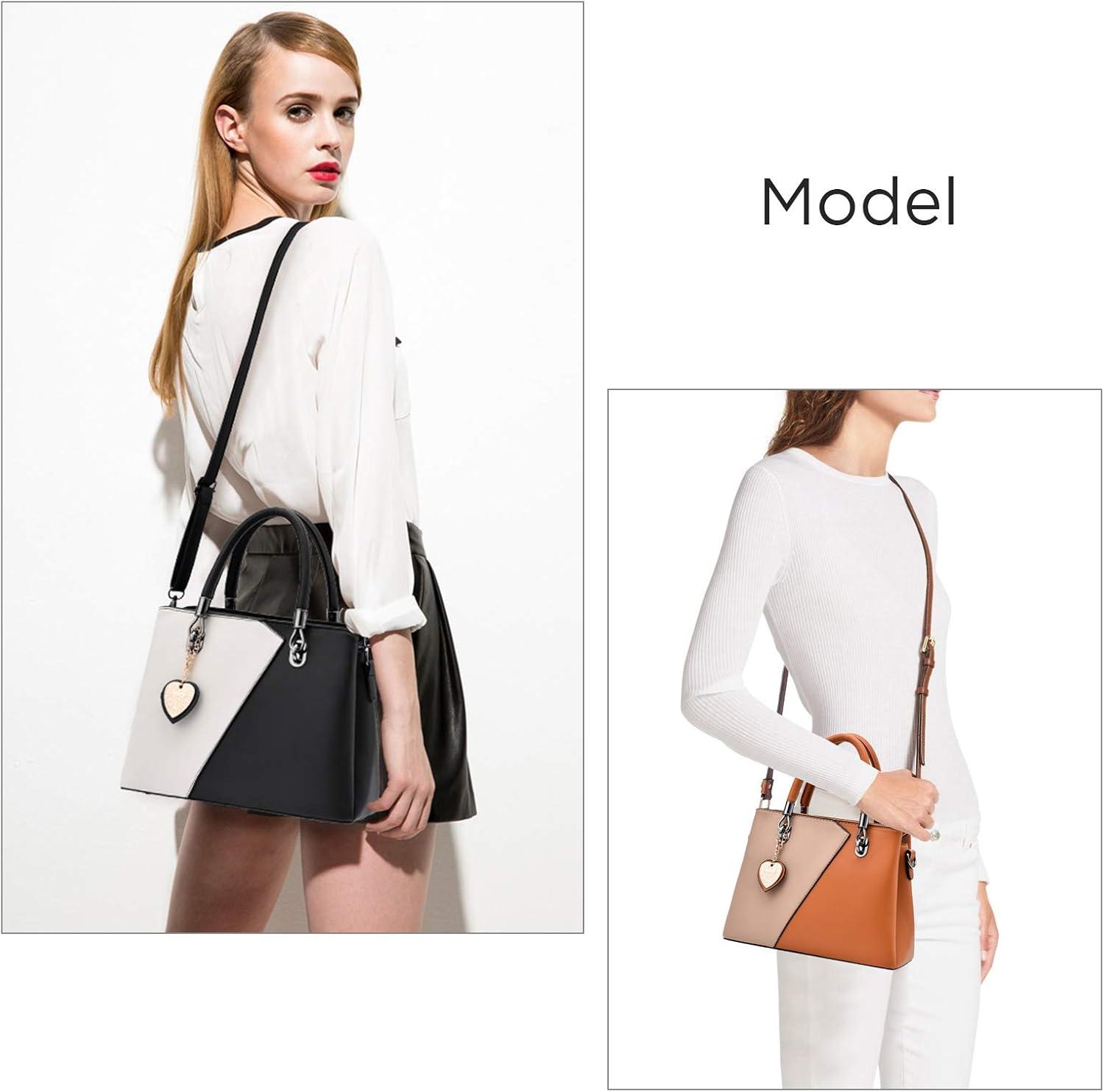 imageWomens Leather Handbags Purse Tophandle Bags Contrast Color Stitching Totes Satchel Shoulder Bag for LadiesBlack