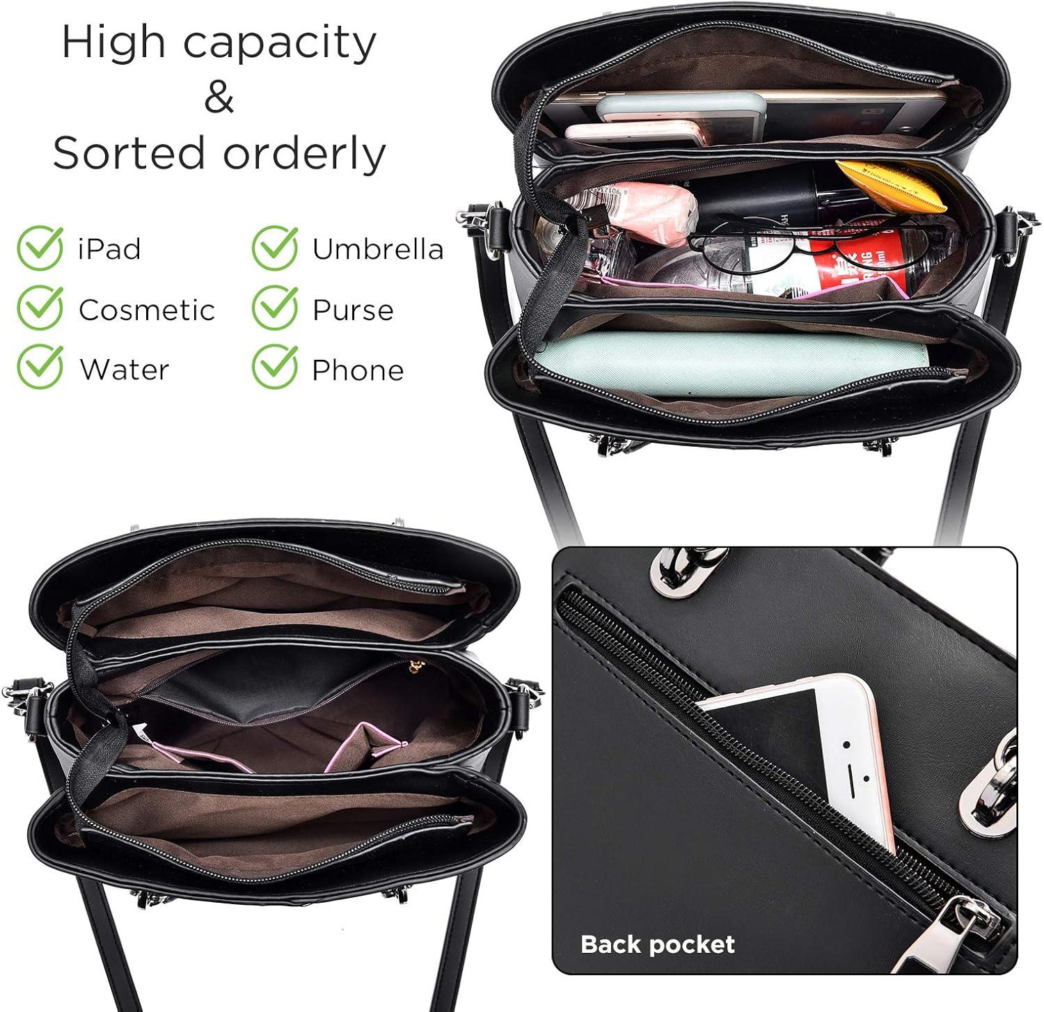 imageWomens Leather Handbags Purse Tophandle Bags Contrast Color Stitching Totes Satchel Shoulder Bag for LadiesBlack