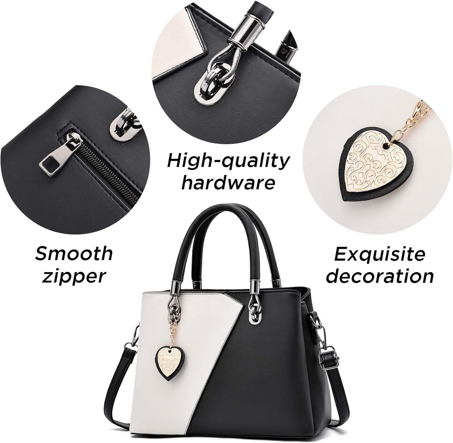 imageWomens Leather Handbags Purse Tophandle Bags Contrast Color Stitching Totes Satchel Shoulder Bag for LadiesPure Black
