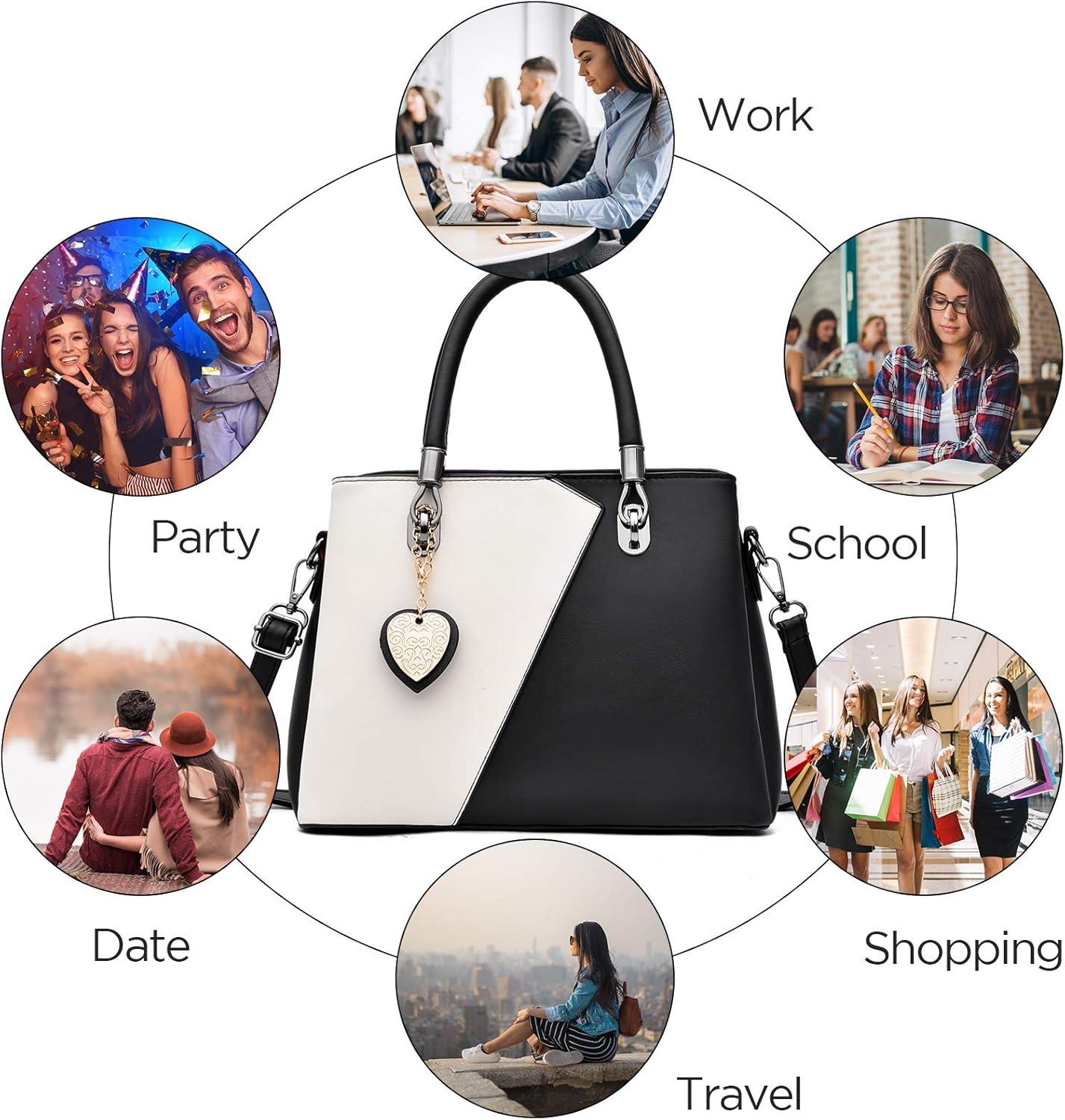 imageWomens Leather Handbags Purse Tophandle Bags Contrast Color Stitching Totes Satchel Shoulder Bag for LadiesPure Black