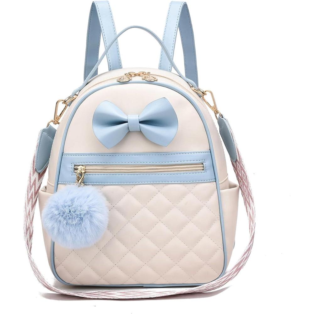 imageI IHAYNER Cute Small Backpack Purse with Bow Mini Backpack Fashion Vegan Leather Pompom Backpack Shoulder Bag for Girs BlueBlue