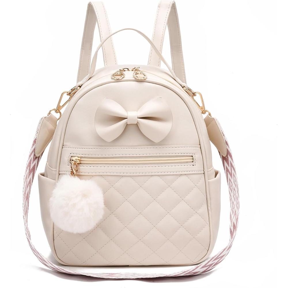 imageI IHAYNER Cute Small Backpack Purse with Bow Mini Backpack Fashion Vegan Leather Pompom Backpack Shoulder Bag for Girs BluePure Beige