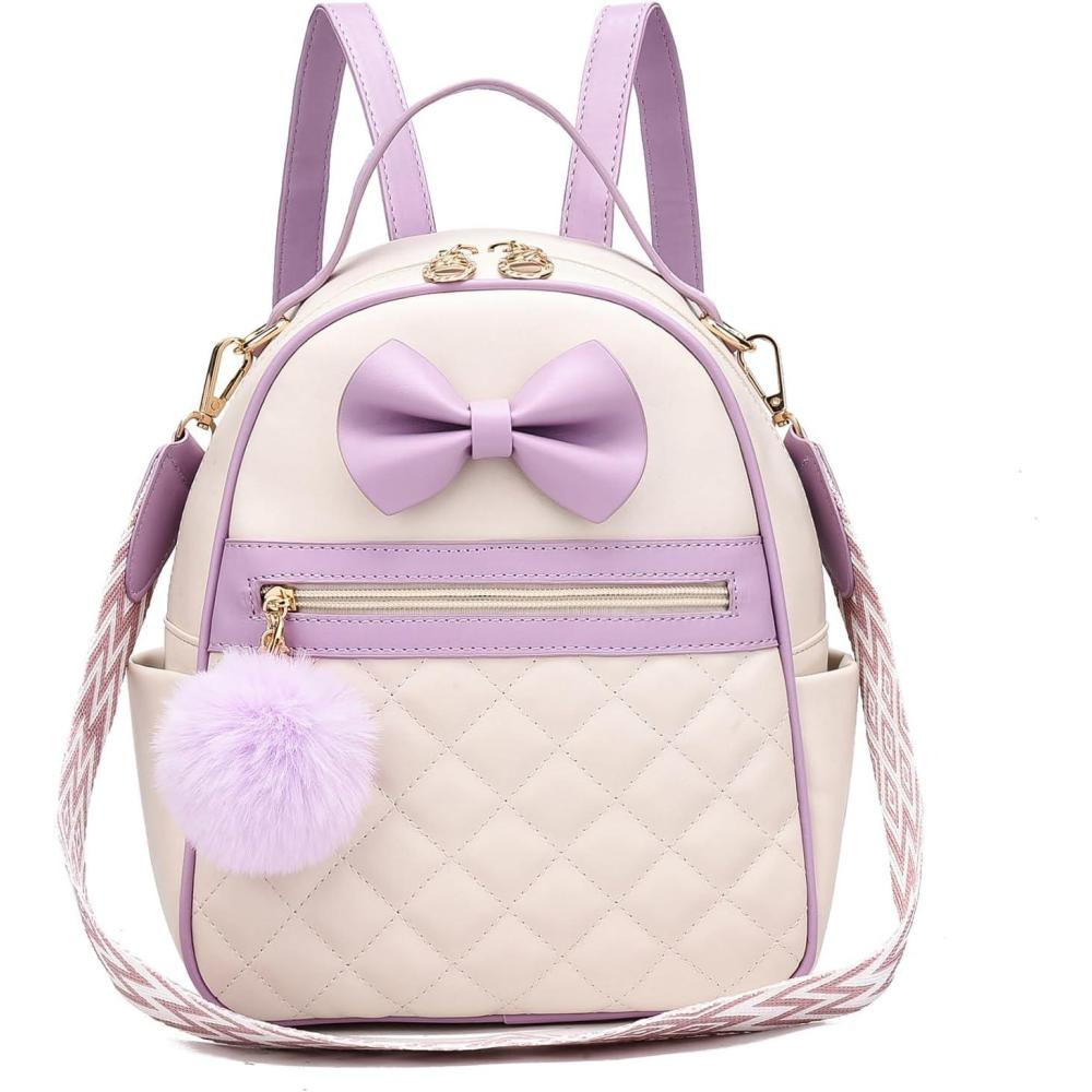 imageI IHAYNER Cute Small Backpack Purse with Bow Mini Backpack Fashion Vegan Leather Pompom Backpack Shoulder Bag for Girs BluePurple