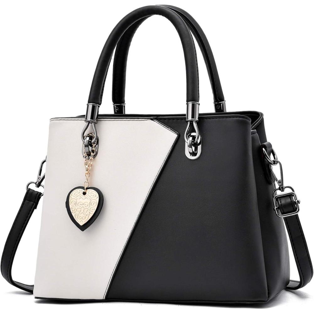 imageWomens Leather Handbags Purse Tophandle Bags Contrast Color Stitching Totes Satchel Shoulder Bag for LadiesBlack