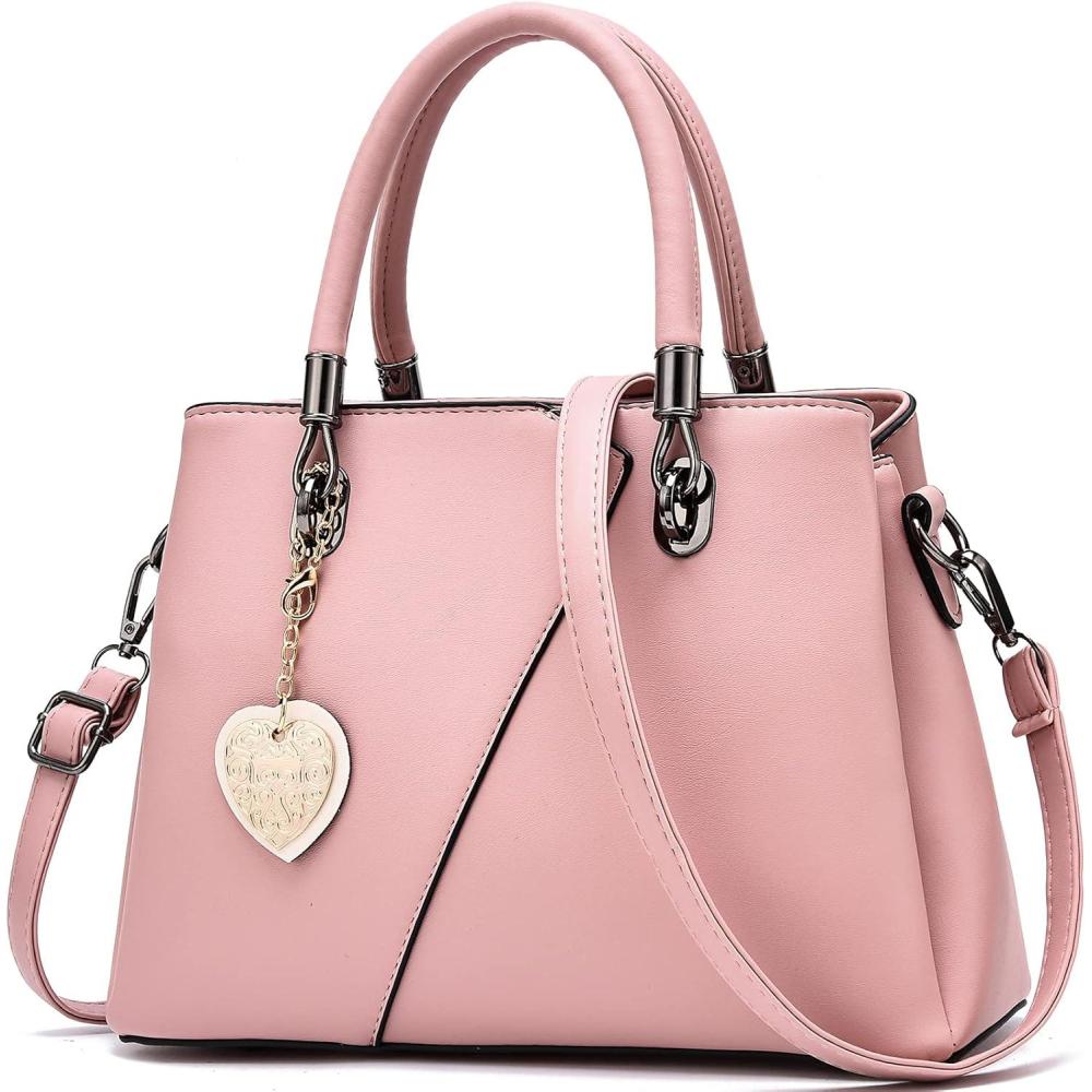 imageWomens Leather Handbags Purse Tophandle Bags Contrast Color Stitching Totes Satchel Shoulder Bag for LadiesPure Pink