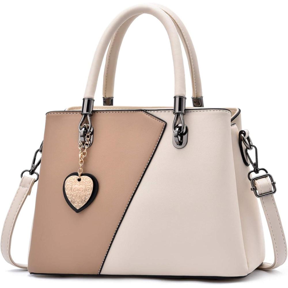 imageWomens Leather Handbags Purse Tophandle Bags Contrast Color Stitching Totes Satchel Shoulder Bag for LadiesWhite